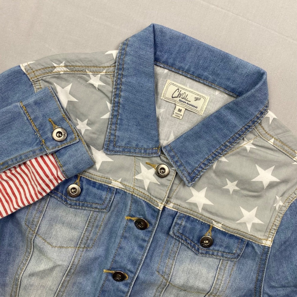 Chiqle Womens Americana Denim Jacket USA Flag Stars Stripes Jean Jacket Medium